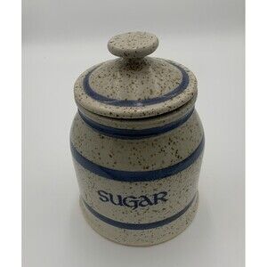 Vintage Art Pottery Sugar Jar with Lid white and blue strapes with brown dots
